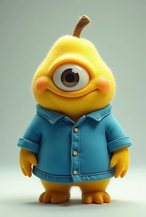 A monster as small as a yellow , wearing a blue shirt, has one eye