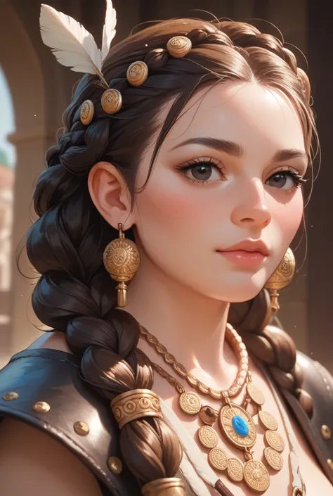 Black female dwarf with robust stature, and intense black eyes. Her hair, in a bluish black tone, braided with some loose parts, an outfit of leather and fabric styled for the high seas, decorated with carvings reminiscent of ancient symbols.