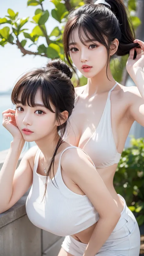 Summery Korean fashion、 thin waist、 ponytail、 thin bangs 、 Hair、 1 girl,  Hi-Res,  big breasts,  look, accurate,  Masterpiece、More Cute 、The nose is taller、Overall view