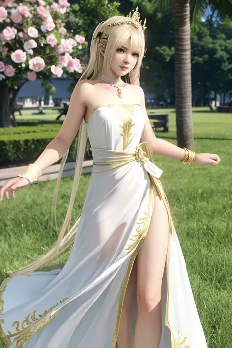 Marie rose, master-piece, best quality, maxi dress outfit, white and gold, maxi headpiece