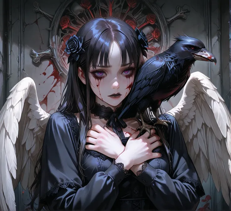 American plane ,  goth girl,,  Skull on her face  ,   black flowers in her hands, blood, hugging a crow ,  white wings , rose. bottom:   cemetery   , crows,