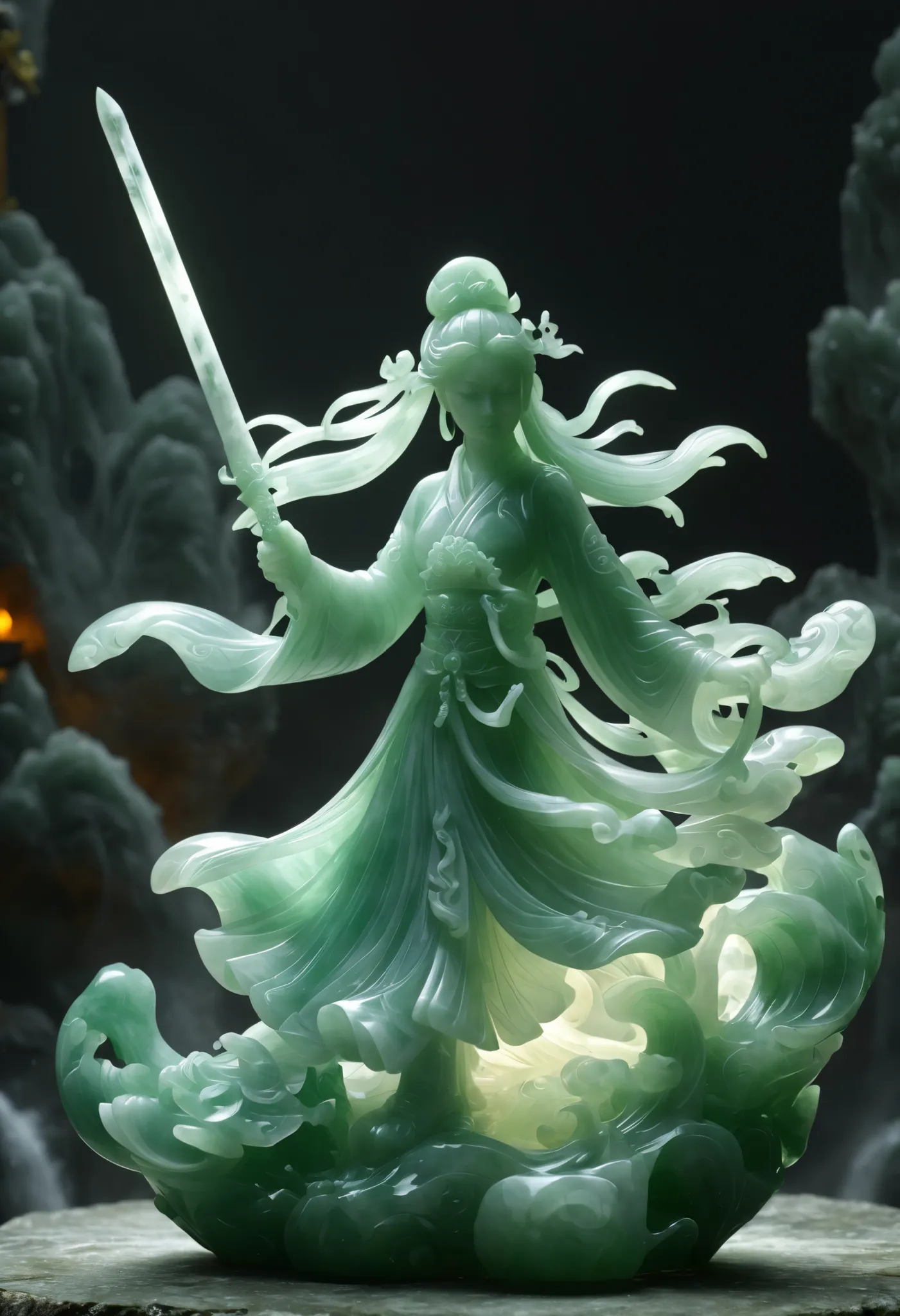  jade carving process，  1 girl,   Light， Complete Jade，whole body, Fairy Swordsman ，Swing the Sword， Hold the hilt