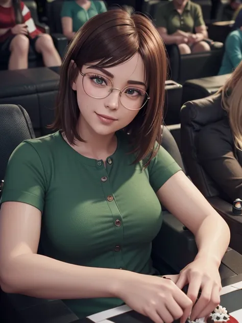 ( close-up,  upper body :1.6). Short,  red hair, ( green eyes:1.2), ( diopter glasses with metal frames:1.2), ( green shirt with buttons:1.4),  second-size chest,  smiling girl  (sits in the cinema auditorium:1.8). ( Masterpiece ,  top quality,  best quali...