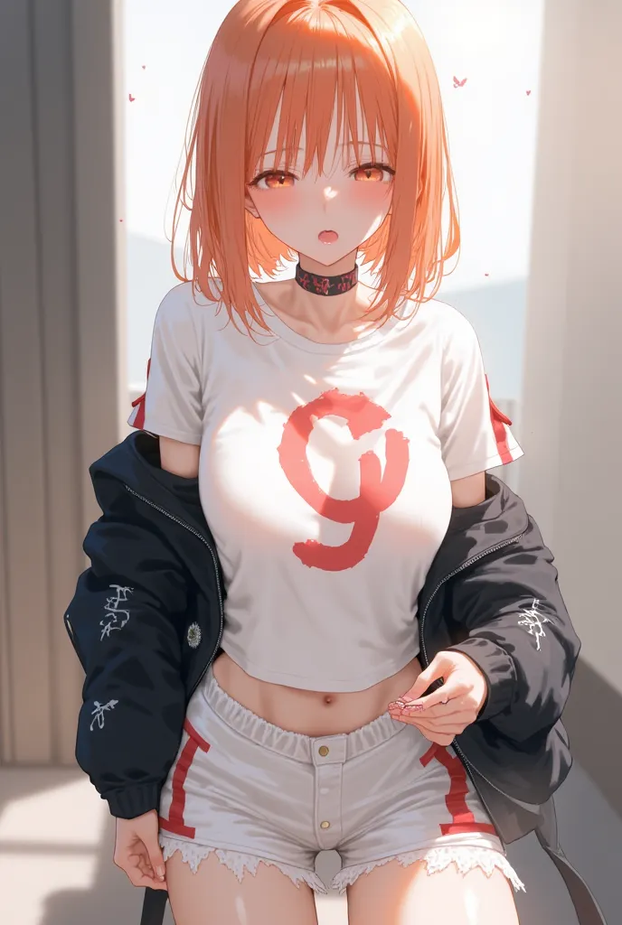  Medium Breasts, adult,  light orange hair and partially collected ,  tufts that fall around the face ,  short white t-shirt with a large  "g" red in front ,  two red lines on the sleeves of the t-shirt ,  white shorts with red lines on the sides ,  black ...