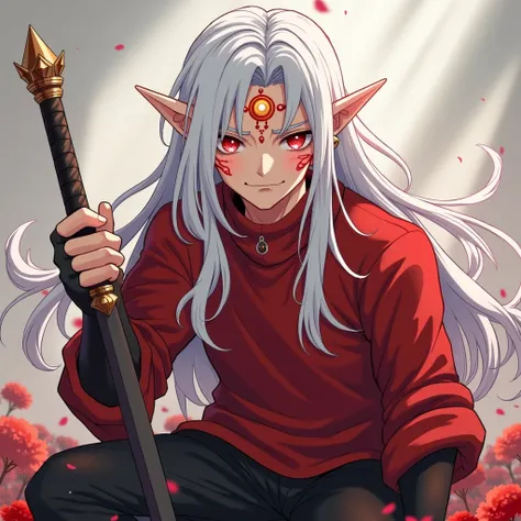 Elf man with long white hair,  red glowing eyes , with a smirk and red cloud tattoos on his face with an ear-shaped earring, there is a third eye on the forehead with a golden pupil , dressed in a red sweater and black pants and with a magic sword,  Anime ...