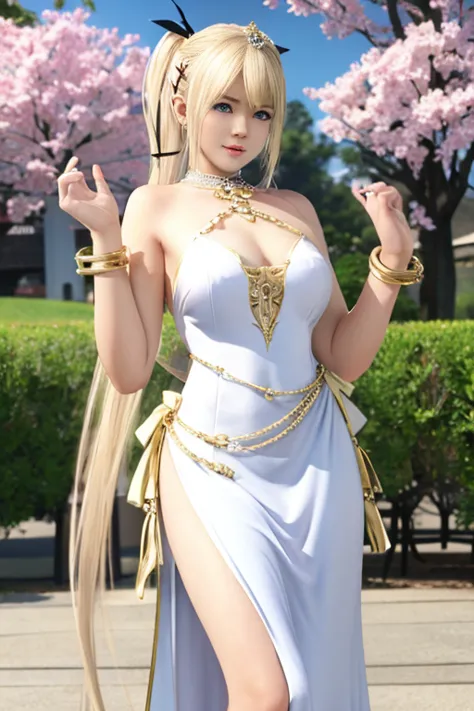 Marie rose, master-piece, best quality, maxi dress outfit, white and gold, maxi accesories, big breast