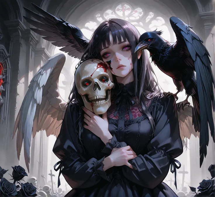 American plane ,  goth girl,,  Skull on her face  ,   black flowers in her hands, blood, hugging a crow ,  white wings , rose. bottom:   cemetery   , crows,