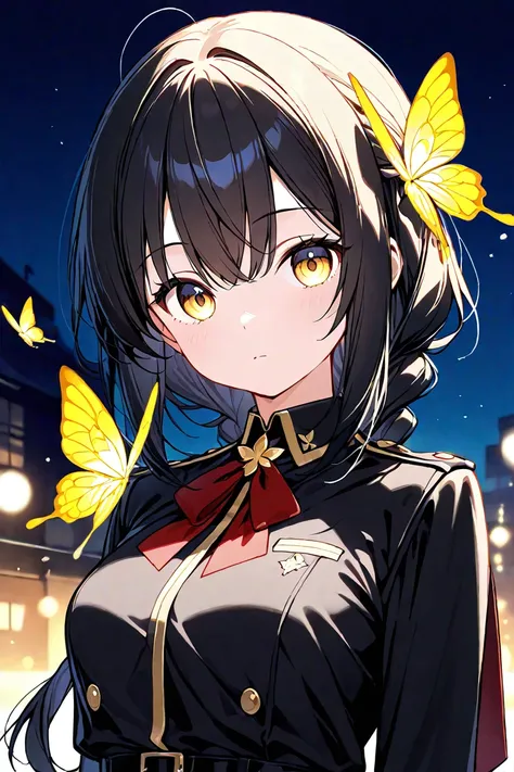  cute girl、 black uniform、 golden eyes、 hair is long、 braided、 expressionless、night、golden butterfly、beautiful、 breasts are small