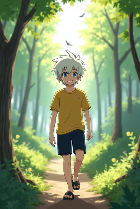 SHIRO, DRESSED IN WHITE SOFT HAIR, BLUE EYES, YELLOW T-SHIRT AND BLACK SHORTS, WALKS ON A FOREST TRAIL. There is greenery all around, the sun splashing through the trees, and the chirping of birds. Shiro has a smile on his face and is enjoying the beauty o...