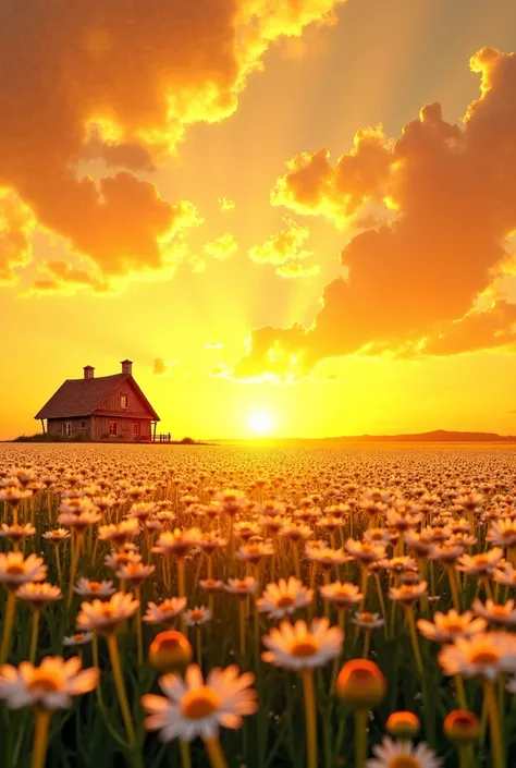 Here’s a prompt based on the image you uploaded:

*"A breathtaking field of daisies stretching endlessly under a golden sky at sunset. The sky is filled with dramatic, textured clouds illuminated in shades of orange and yellow, creating a mesmerizing contr...