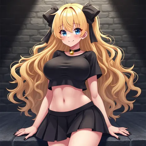 solo, high quality, highly detailed, long curly blonde hair, blue eyes, black ribbons, black cropped shirt, small black pleated skirt, full body picture, large breasts, blushing, eyelashes, anime art style, adult, woman, mature, milf, sexy, beautiful, curv...