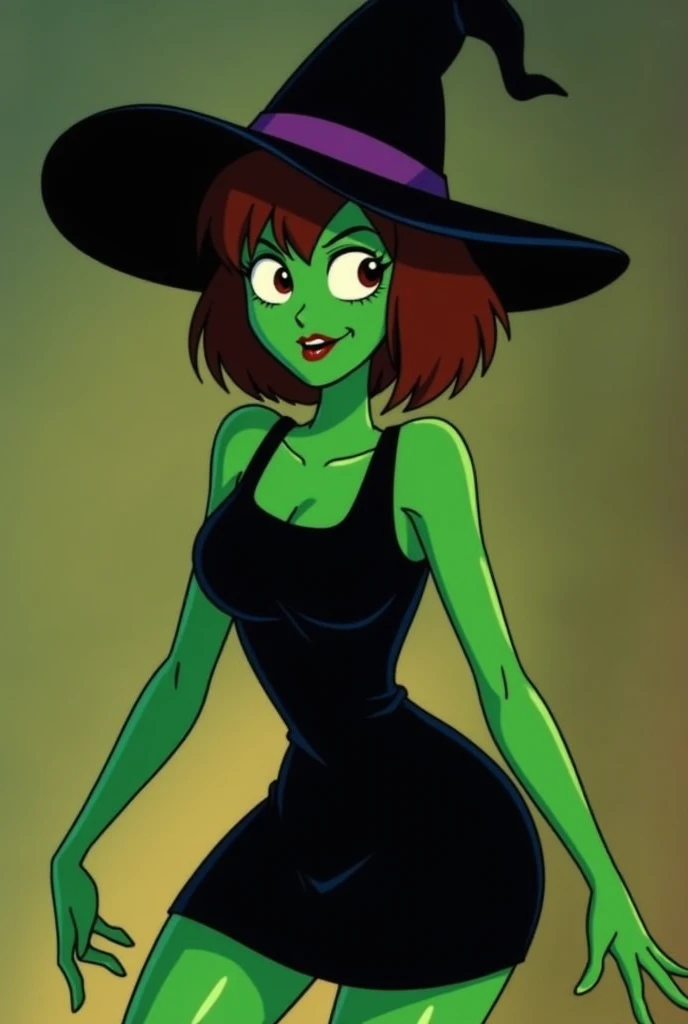 Velma Dinkley is a fictional character and one of the main protagonists of the Scooby-Doo franchise. 1  She has green skin. She is wearing a sexy sleeveless skintight black witch dress with a miniskirt and witch hat.