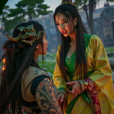 A lovely woman (cute, role of green princess, intricate sexy sheer royal Asian themed robes with intricate embroidery and trim Asian dragon theme, fancy hairdo, magnesium white body paint, blackened teeth, chromatic green makeup high lights and nails), she...