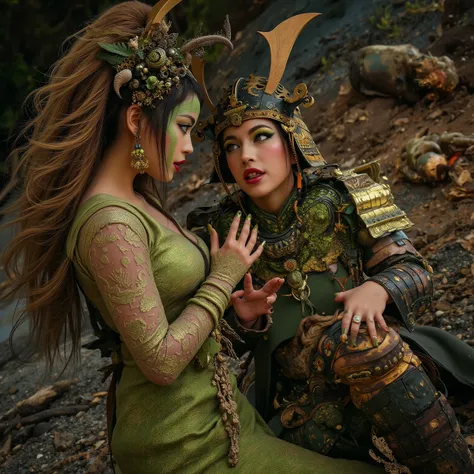 A lovely woman (cute, role of green princess, intricate sexy sheer royal Asian themed robes with intricate embroidery and trim Asian dragon theme, fancy hairdo, magnesium white body paint, blackened teeth, chromatic green makeup high lights and nails), she...