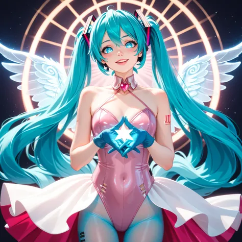 (((tmasterpiece))), 1girll, Hatsune Miku, vocal, Super detailed, hyperrealistic face, (flirty expression), (pink leotard), Blue gloves, Pantyhose, ((Super cute face)), ((Angelic face)), ((Incredibly beautiful eyes)), (glowing light eyes), (full bodyesbian)...