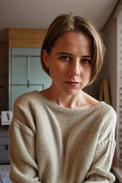 RAW photo, (high detailed skin:1.2), 8k UHD, DSLR, soft lighting, high quality, portrait, film grain, Fujifilm XT3, RAW candid cinema, 16mm, color graded portra 400 film, remarkable color, ultra realistic, woman, solo, short hair, indoors, sweater, lagerma...