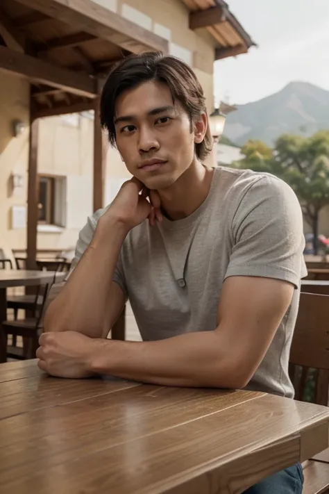 A realistic 3d man of Asian descent is seated, slightly angled towards his right, with his hand resting on his chin. He is looking off to the upper right of the frame.  He is wearing a black t-shirt. A black wristwatch is visible on his right wrist.  His e...