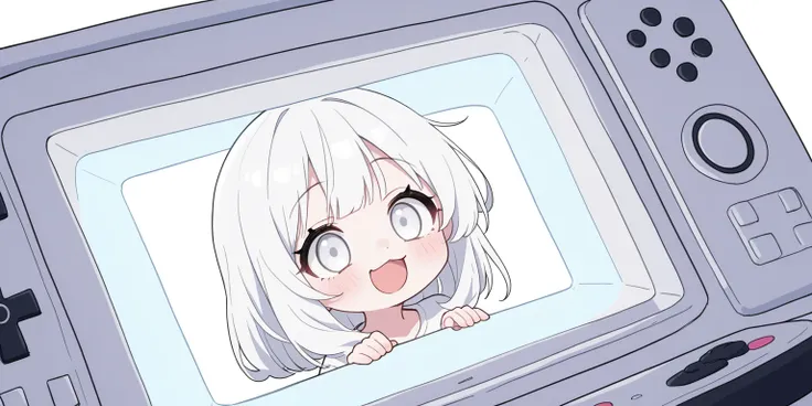 long ash white hair,  white eyes,  girl ,  happy ,   cute, Big shirt,white shirt,  cutewhiteコンピューター, white display 、 cuteゲーミング,  cuteRGBライト,  cute white ヘッドホン,  cuteコンピューター ,　white background, white cute room 　, cute white gaming device,kawaii gaming gadge...