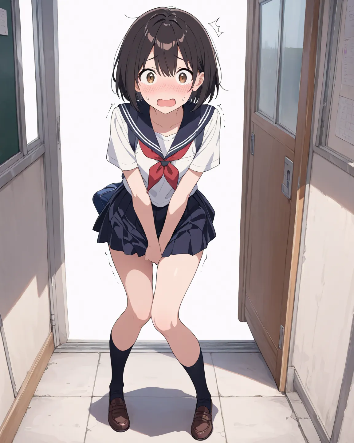 1 girl, black short hair, looking at viewer, full body, standing, have to pee, sanpakugan, wide-eyed, brown eyes, School Uniforms, BREAK embarrassed, sweatdrop, blush, open mouth, white background, masterpiece, best quality, Ultra detailed, high resolution...