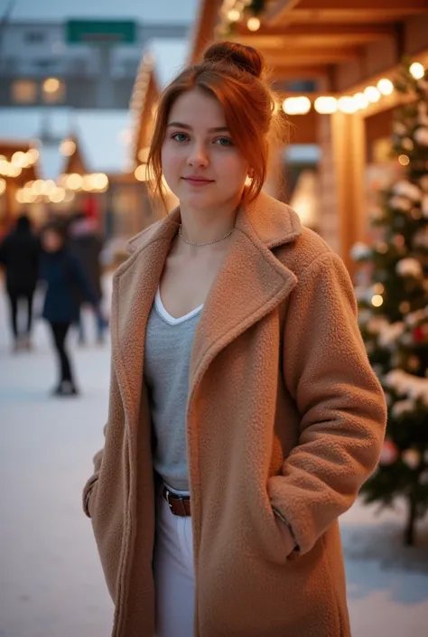  Outside shot  , portrait,    fotorealistische hohe Qualität von 1 girl    , en 8K,  brilliantly decorated Christmas gifts ,  L'accent est mis sur le décolleté d'une prépubère  ( achzehnjähriges girl :1.65), ((( European, Russian )))  fille.  Il a une stru...