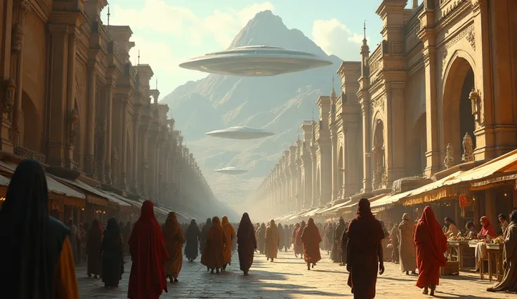 Ultra HD realistic graphics: ancient and ancient city, down the streets walk people in ancient clothes, between buildings you can see flying UFOs, The second largest UFO in the distance, In the background of the mountain, sunny weather