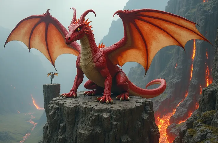  is entrenched to deter a red dragon perched on a volcanic rock throne ， front claws embedded in cracks in the rock layer ， S-shaped accumulative curve on the neck ，Curled lava column at the tip of the tail ， wing film is half-folded on the back ，Molten go...