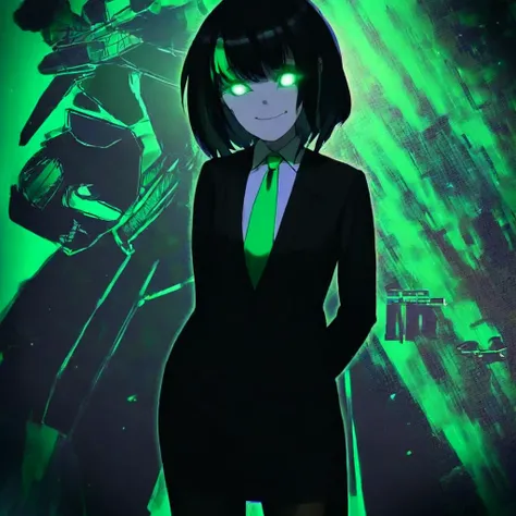 alone、 black hair、 1 girl、Stand、smile、 black business suit for women、 Black Miniskirt 、 black tights、 green tie 、green streaked hair、arm behind back、background: Burning City  ,空中でStand、 pale green glowing eyes standing in the air 、Half an eye、 Wicked Smile...