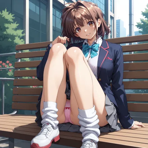  outdoor,
Alone,
RieKawai ,( 1 girl:1.1), brown hair,  medium hair , brown eyes,Droopy eyes, has opened its mouth,smile,
Beautiful breasts,
School_uniform, blazer, bow tie,
 pleated skirt, gray skirt ,
 loose socks,
( Sitting with legs spread out :1.3),   ...