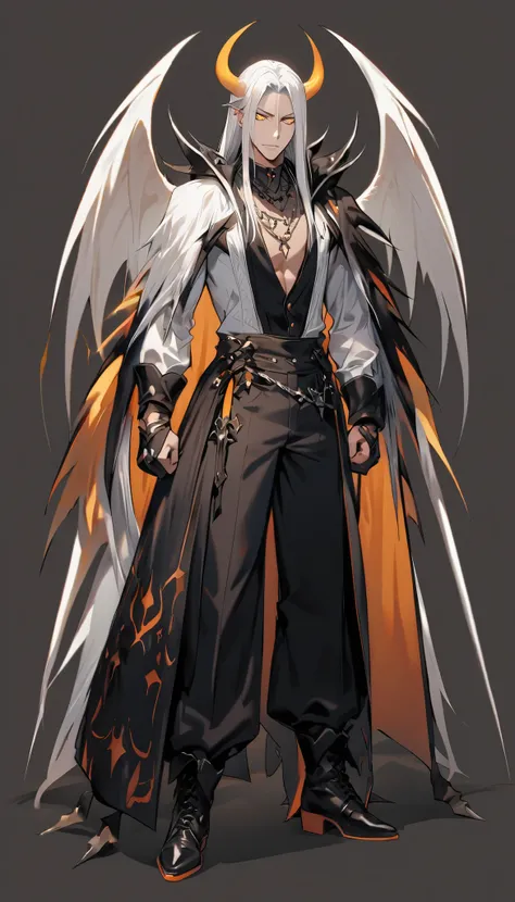 (((Highest Quality))), (Simple background), 1boy, single, fullbody, standing, long white hair, straight hair, yellow eyes, demon prince, strong, unbuttoned shirt, boots, pants, necklace, marriage ring, fantasy,