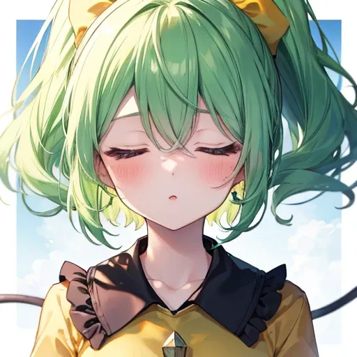  one girl, Beautiful appearance、Komeiji Koishi ,  small,  close your mouth、 green hair、 ponytail、Around town