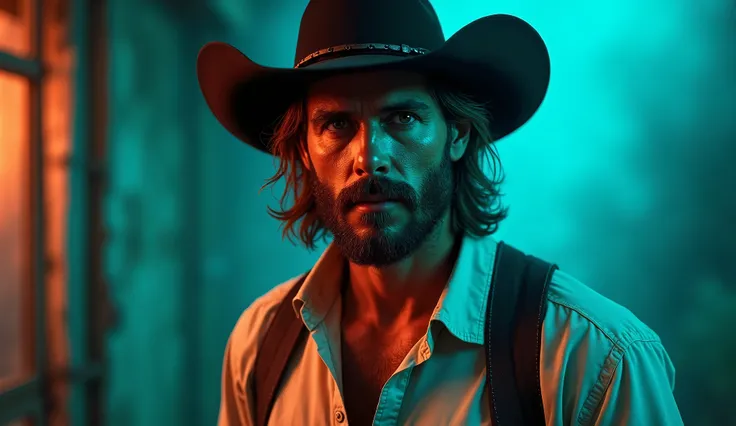 (photorealism:1.2),"A man with long hair and a rugged beard, wearing a black cowboy hat and a light shirt, exuding a confident and determined expression. The background features vibrant lighting with shades of blue and green, emphasizing the boldness and i...