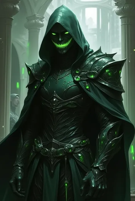 A humanoid with a face covered by a mask with a smile wearing dark armor with green touches 