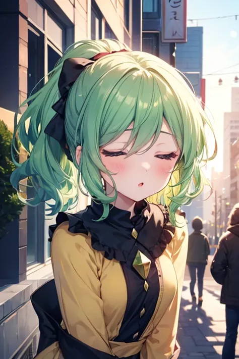  one girl, Beautiful appearance、Komeiji Koishi ,  small,  close your mouth、 green hair、 ponytail、Winter in the city