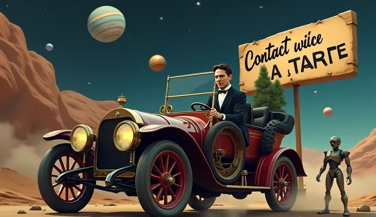 Nicola Tesla conduisant une voiture de son époque avec de l'électronique et il y a un robot et un panneau où il est écrit en français avec l'orthographe correcte" contact avec la terre  "  a été écrit  (" contact avec la terre  ").Et il y a aussi un petit ...