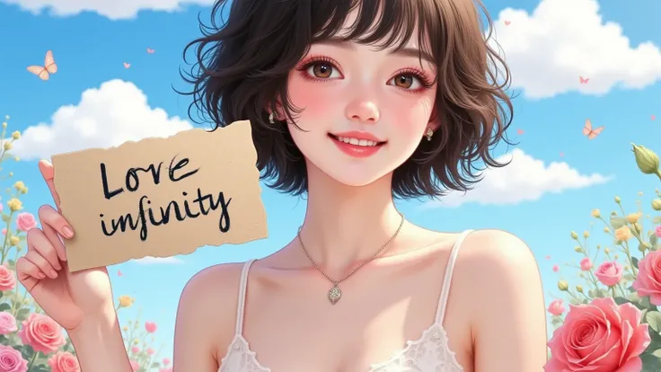 A beautiful and lovely woman holding a sign "I love infinity ", joy,  happy , Anime illustrations, 