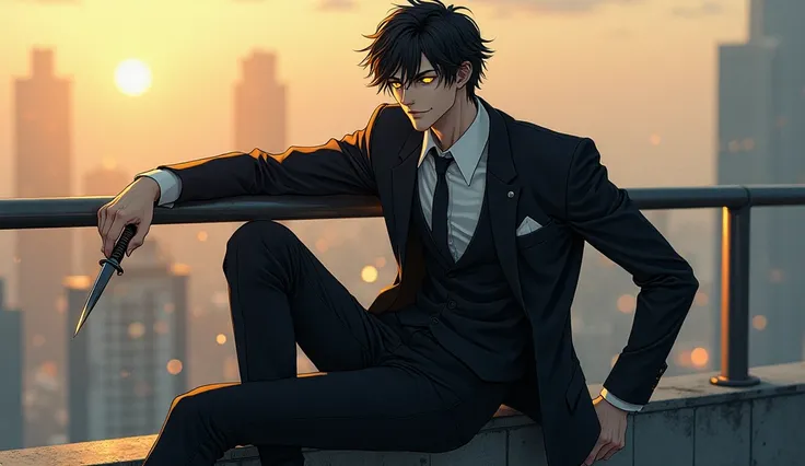 A smirking manga assassin in a sleek black suit, sitting casually on a rooftop railing as he spins a dagger between his fingers. His sharp golden eyes reveal a mind that calculates every possible move before his enemies even act.