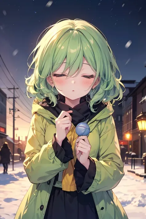  one girl, Beautiful appearance、Komeiji Koishi ,  small,  close your mouth、 green hair、In a snowy winter city