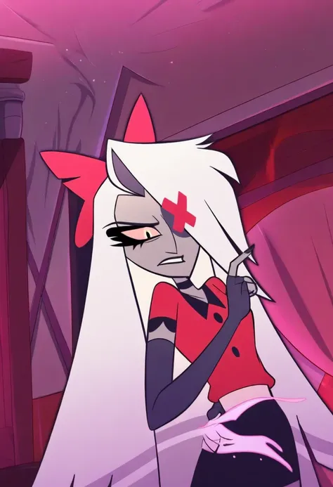 anime screenshot, absurd, high quality, 1 girl, vaggie \(hazbin hotel\), vaggie, grey skin, hair over one eye, white hair, long hair, colored sclera, hair bow, X-shaped eye patch, perfect eyes, detailed eyes, high definition eyes, choker, blowjob, sucking ...