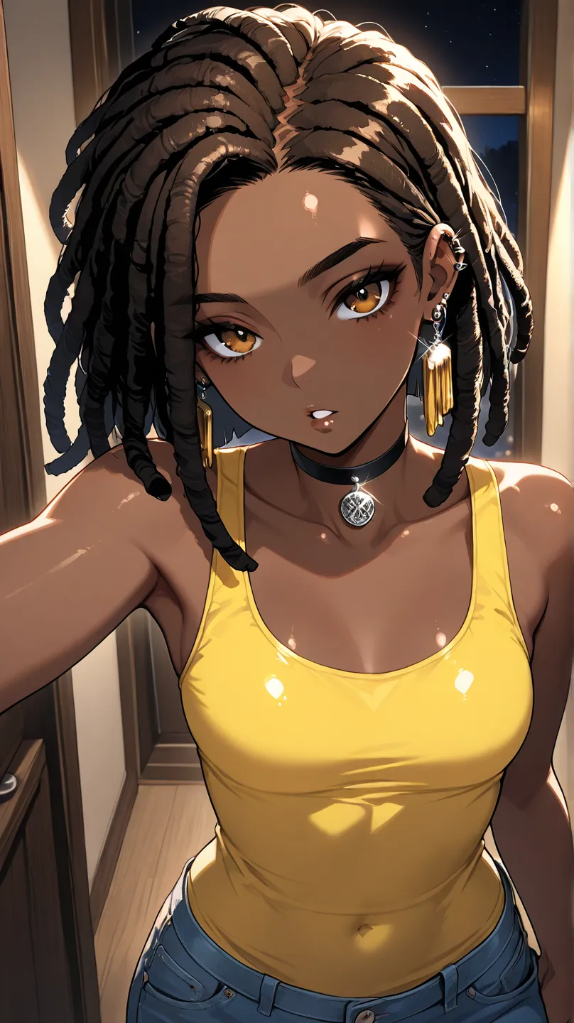 1Girl, Mature, Ebony, African American, Dark Brown Skin, Jet Black Thin Dreadlocks, Medium Straight Dreadlocks In Bob, Shiny Hair, Bright Brown Eyes, Black Nails, Dark Brown Eye Shadow, Medium Chest, Bright Yellow High-Cut Tank-Top, Tight Light Blue Jeans,...