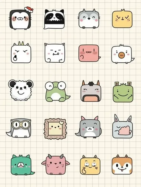 This image displays a collection of twenty adorable, square-shaped animal illustrations, each with a simplified, cartoonish design. Let's analyze their characteristics and potential applications:

Characteristics:

Style: The illustrations are characterize...