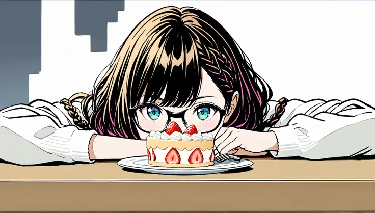  (((I have 1 fork with a strawberry stuck in it)))、Smile、(((An uneaten shortcake is on the table))),(((black braid long hairstyle ),()),(Pop Color)),masterpiece,、Highest quality, Beautiful attention to detail, Very detailed, In detail, High resolution, Per...