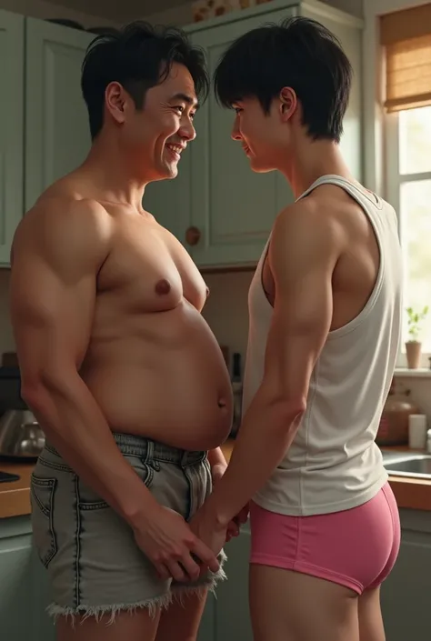 Photorealistic, (asian, a man, 40 years old, bulky, shirtless, shabby tight shorts , big dick bulge), standing smiling with, (a twink, 20 years old, slim, black hair, white sleevless shirt, celana boxer pink) kitchen background