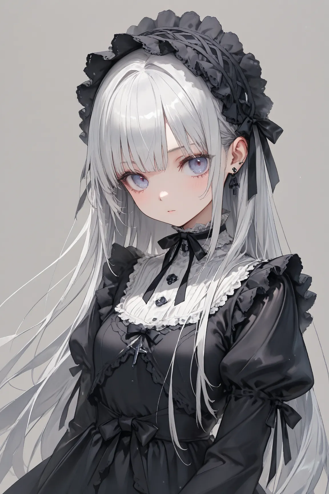   Masterpiece, high quality,  Highest Quality,  1 girl, straight hair,  Silver Hair,blue bangs,  Gothic Lolita