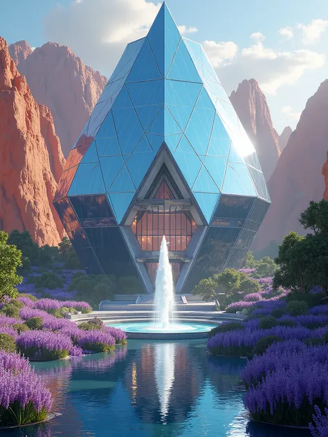 A futuristic mansion with a hexagon shape made of crystals. There is a fountain in front of the mansion. The background features a stunning landscape of orange mountains and beautiful lavender garden all around, creating a surreal and magical atmosphere.