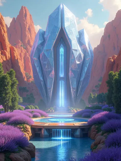 A futuristic mansion with a hexagon shape made of crystals. There is a fountain in front of the mansion. The background features a stunning landscape of orange mountains and beautiful lavender garden all around, creating a surreal and magical atmosphere.