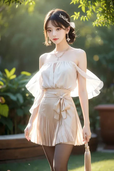 Realism: 1.3, masterpiece, highest quality, high resolution, details: 1.2, 1 girl, hair clip, beautiful face, delicate eyes, tassel earrings, necklace, ribbon, elegant standing posture, aesthetics, movie lighting, ray tracing, depth of field, layering, flu...