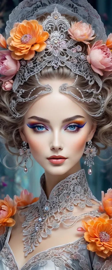 A charming digital work of a stylized beautiful European woman with a perfect face, makeup.  Her silky clothes with sophisticated complex lace patterns from above. It has an elegant bean haircut, intertwined with bright flowers of orange, pink and silver s...