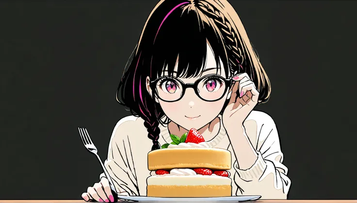 ((( stares)))、Smile、(((He holds a fork in his right hand))),(((There is a small shortcake on the table))),(((black braid long hairstyle ),()),(Pop Color)),masterpiece,、Highest quality, Beautiful attention to detail, Very detailed, In detail, High resoluti...
