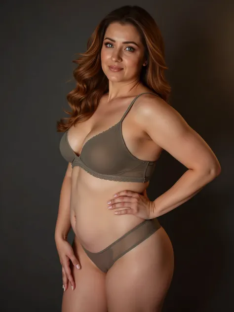 A beautiful, confident woman with a curvy figure, posing gracefully to showcase her natural beauty. She has fair white skin with a rosy undertone, adorned with natural textures such as stretch marks on her hips, thighs, and belly. Her hair is dark copper b...