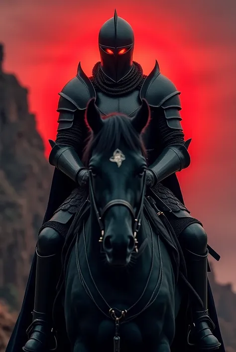 Realistic full size photo of a black knight in armor. His eyes glow with devilish red fire , he is sitting on a black horse scary as hell from the nostrils of the horse smoke, 8k, cinematic style, studio light highly detailed photo. In the background are c...